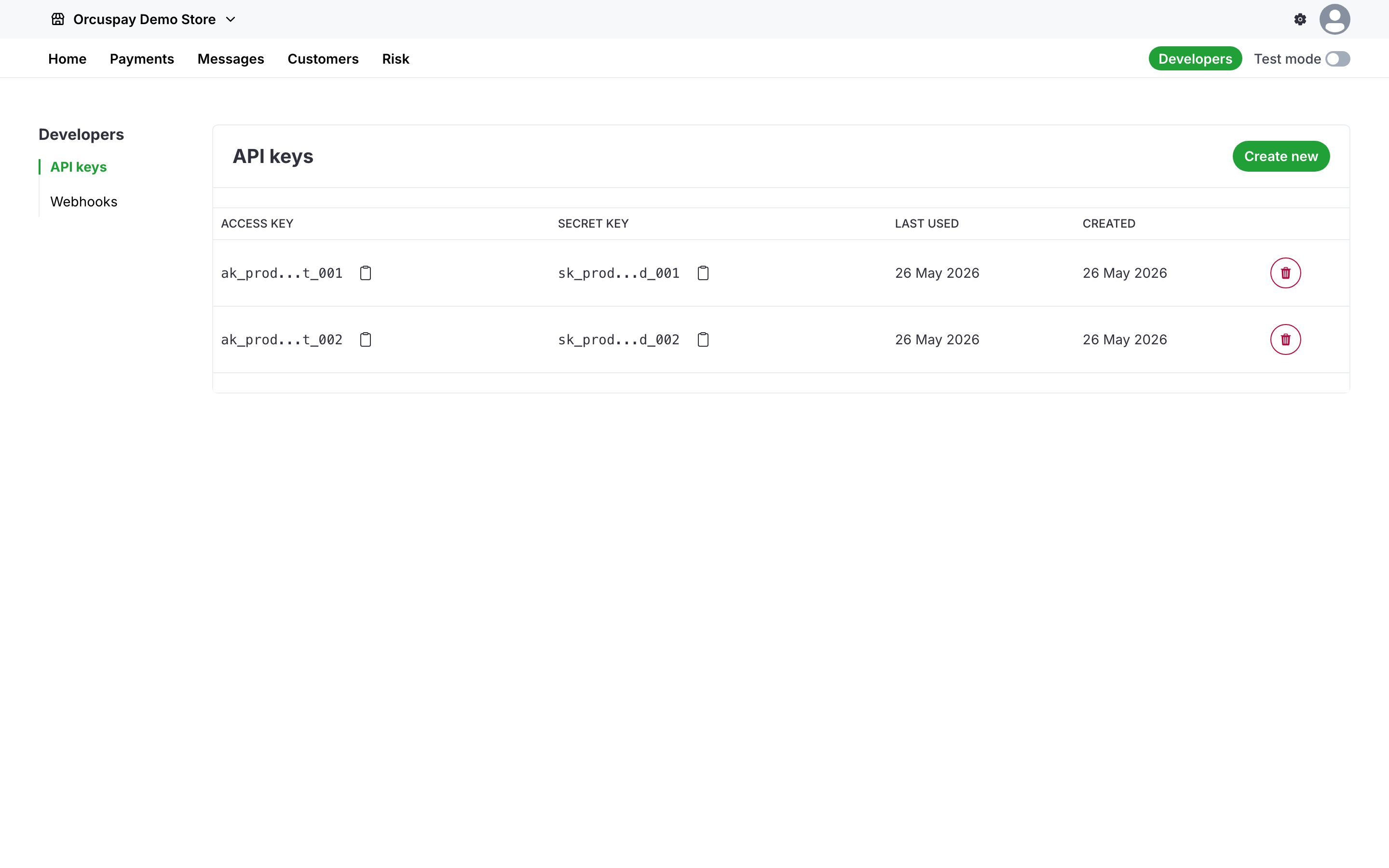 Orcuspay developers dashboard showing API keys and developer controls